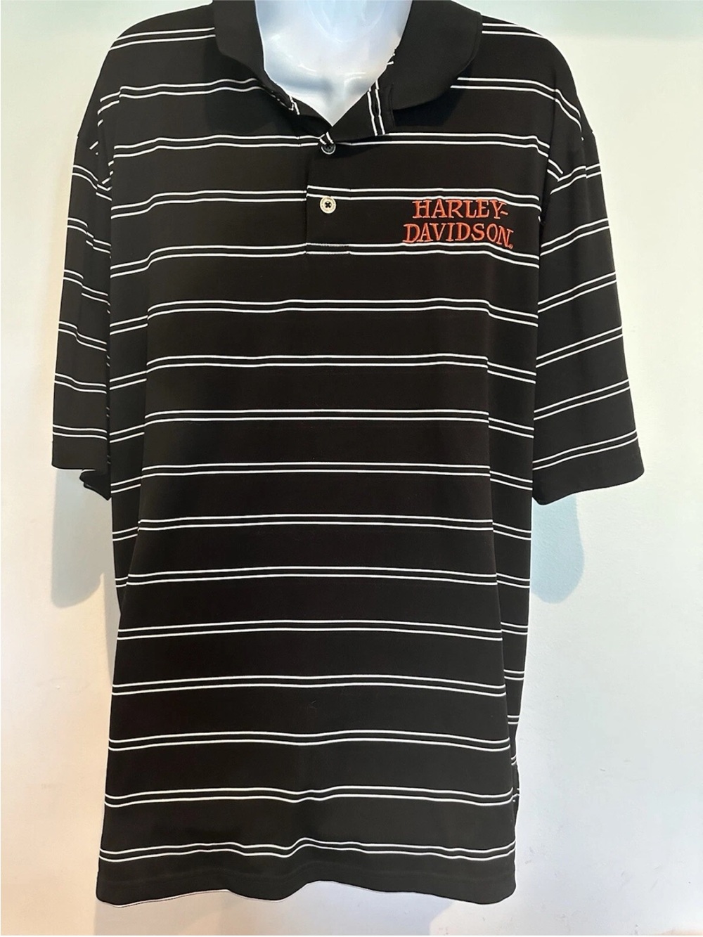Harley-Davidson Black Polo Yorktown Va.  with White Stripes and Orange Logo